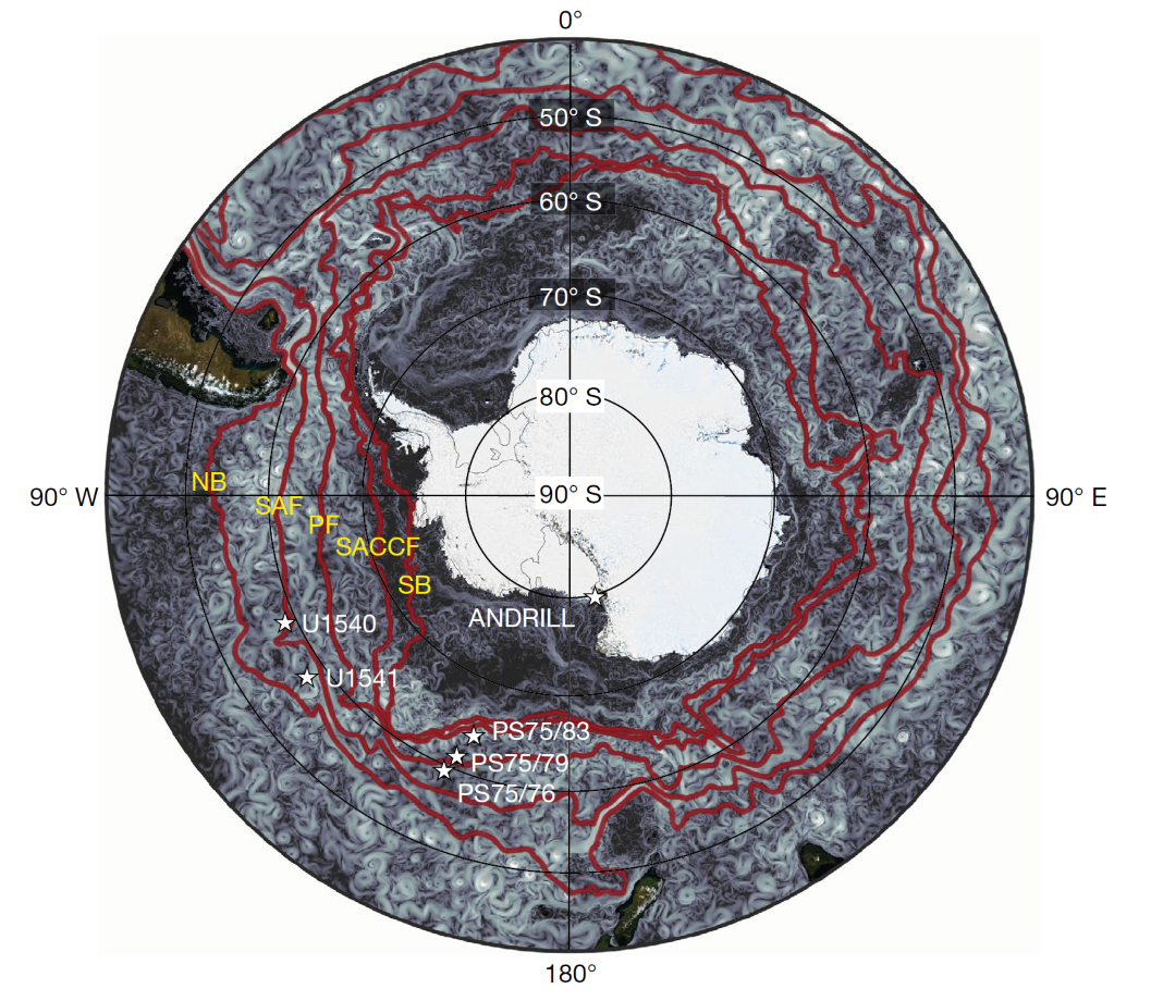 Polar map view of Antarctica and the surrounding Antarctic Circumpolar Current in the Southern Ocean