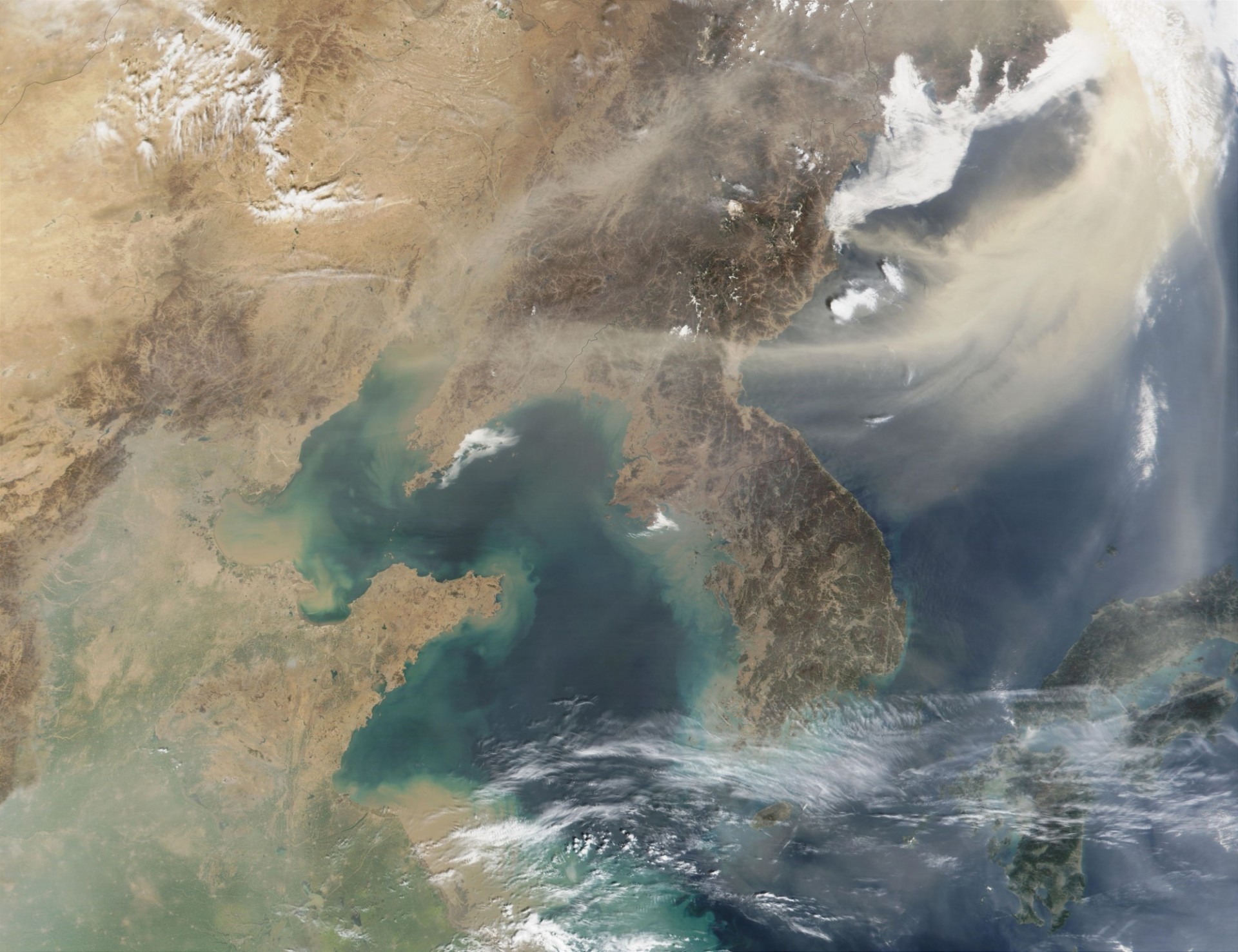 This satellite image shows dust blowing off of mainland China over the Sea of Japan. Image courtesy Jacques Descloitres, MODIS Land Rapid Response Team at NASA GSFC