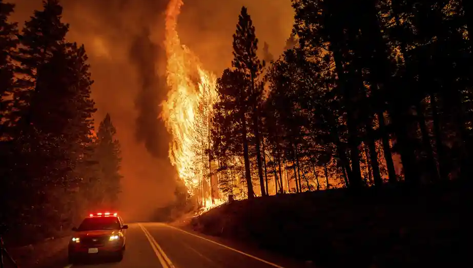The Dixie wild fire burning across Highway 89 in California in August, 2021. Photo credit: Noah Berger.