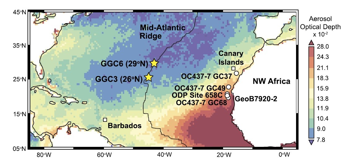 Map of mineral aerosol optical depth over the subtropical North Atlantic